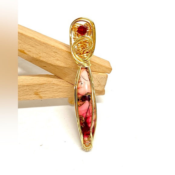 HANDMADE Modern Pendant Kingman Red Dahlia Rose Cabochon Hand Wrapped  Pendant - Picture 4 of 10